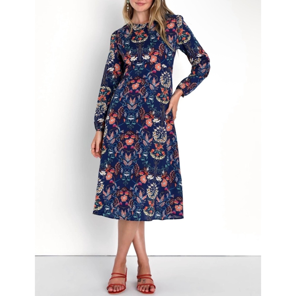 I. Madeline Garden Splendor‎ Floral Long Sleeve Empire Waist Midi Dress Small
